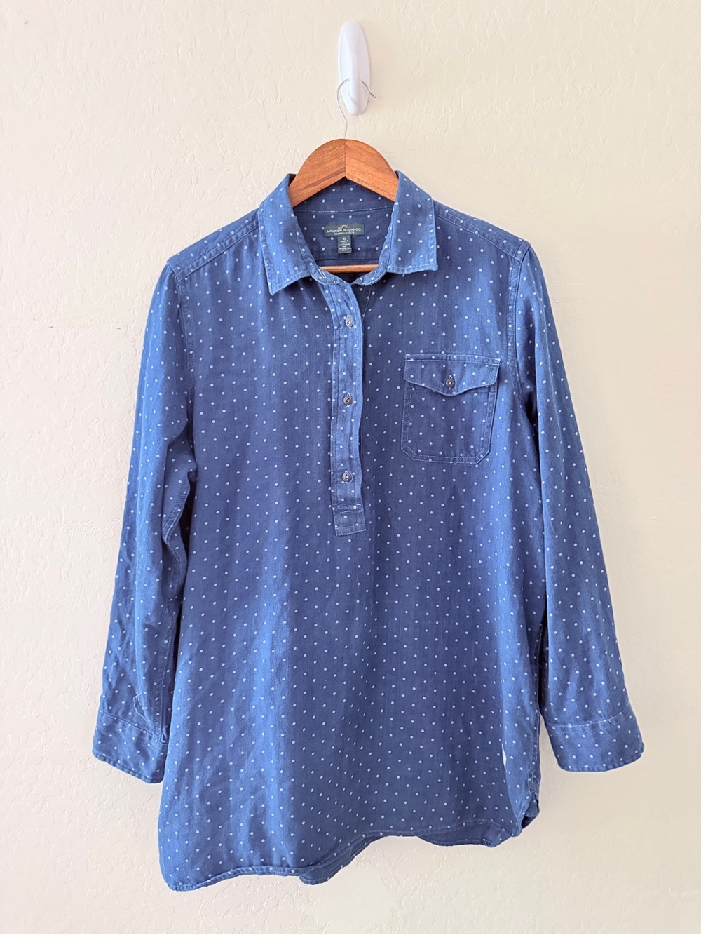 Lauren Ralph Lauren Denim Polka Dot Popover Shirt XL Blue Cotton